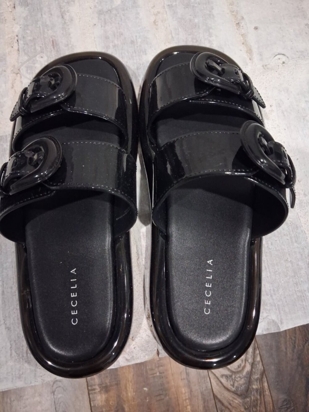 Black Patent Double-Strap Slide Sandals